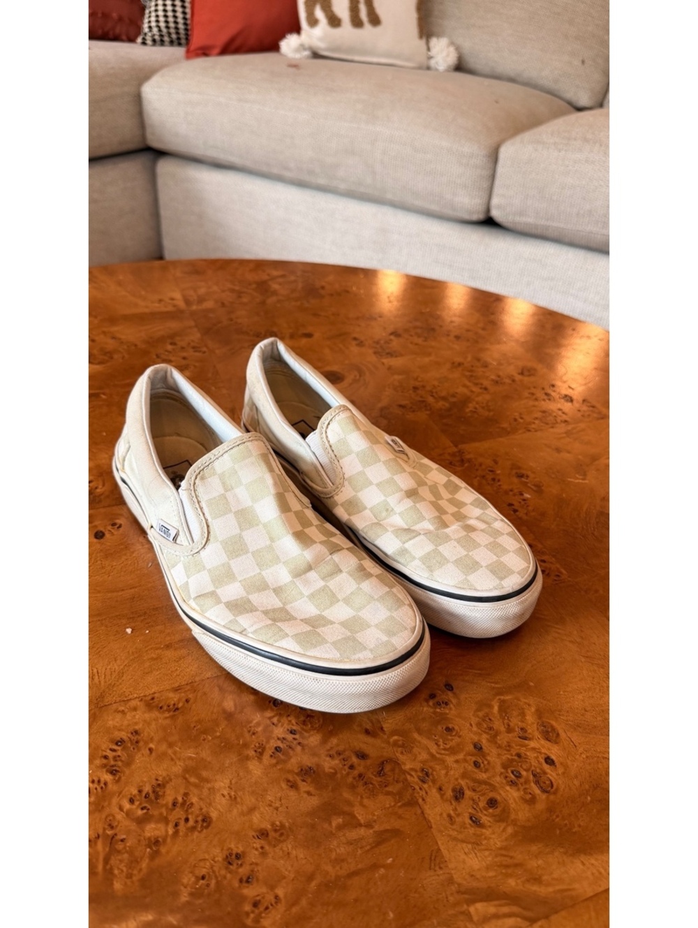 Vans Classic Slip-On Checkerboard Sneakers in Light Green and White, Men 6.5